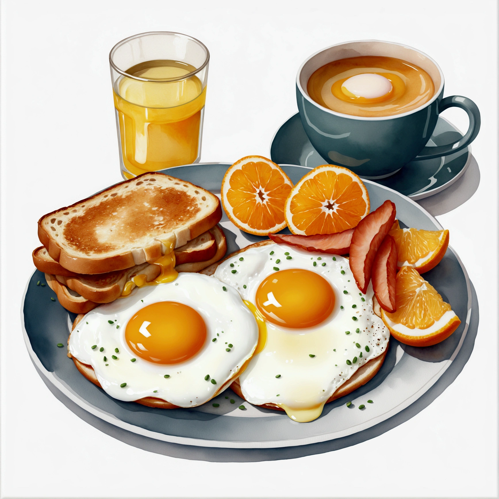 there is a plate of breakfast food with orange slices and eggs, oil painting of breakfast, amazing food illustration, hearty breakfast, in style of digital illustration, by Tom Wänerstrand, highly detailed composition, by Joe Bowler, painterly illustration, photorealistic illustration, by Jeka Kemp, super realistic food picture, artistic illustration, white plate, and white cup