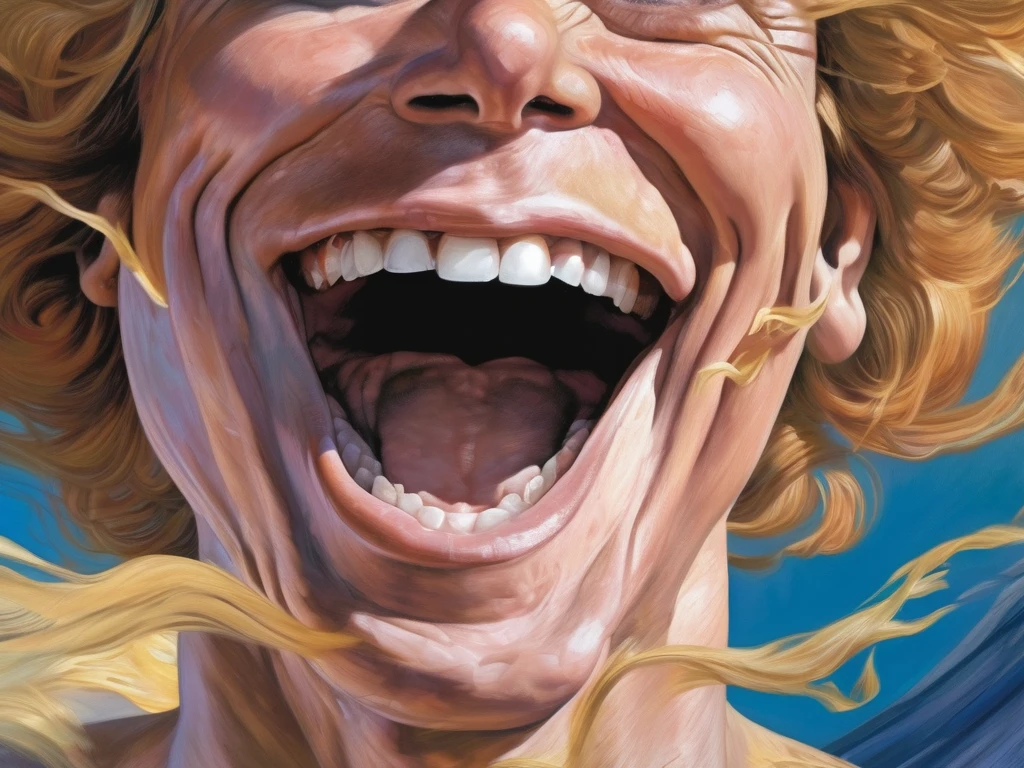 depict a high-energy close-up realistic illustration of a person, in a wild, windblown style. The strong wind has puffed and rippled the skin on his cheeks in a funny way. with eyes wide open, The subject's facial expression is exaggerated, and the mouth stretched into a large toothy smile, which emphasizes the dynamism and humorous nature. The overall composition is centered, focusing on the face and hair of the subject.
