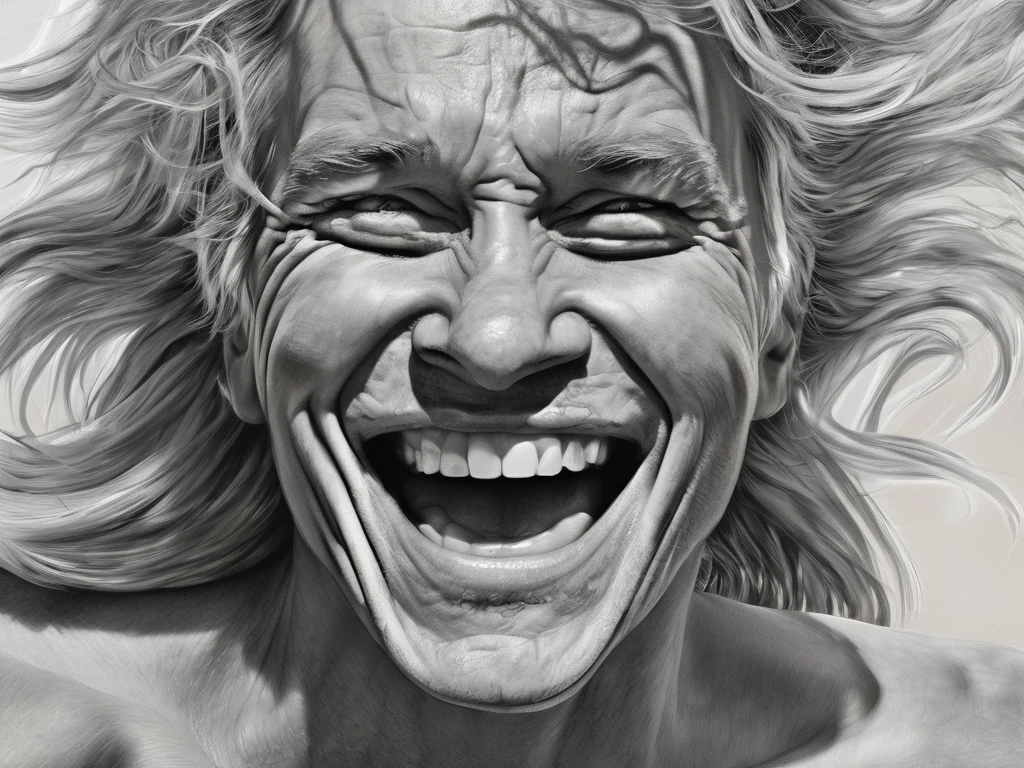 depict a high-energy close-up realistic illustration of a person, in a wild, windblown style. The strong wind has puffed and rippled the skin on his cheeks in a funny way. with eyes wide open, The subject's facial expression is exaggerated, and the mouth stretched into a large toothy smile, which emphasizes the dynamism and humorous nature. The overall composition is centered, focusing on the face and hair of the subject.