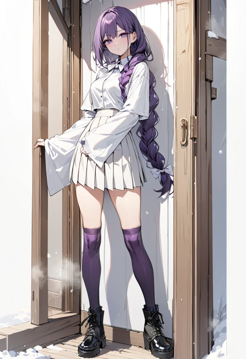 masterpiece, (bestquality), highlydetailed, cold, calm, gentle, expressionless, solo, (1girl), dark purple hair, very long single braid, bright purple eyes, (white collared shirt with white furisode sleeves), thin red bow tie under the collar, (diamond-shaped pin on the front of the bow), (black high-waisted pleated skirt), dark purple high socks, black ankle boots, medium breasts, (simple white background), (white empty background), full body, standing,