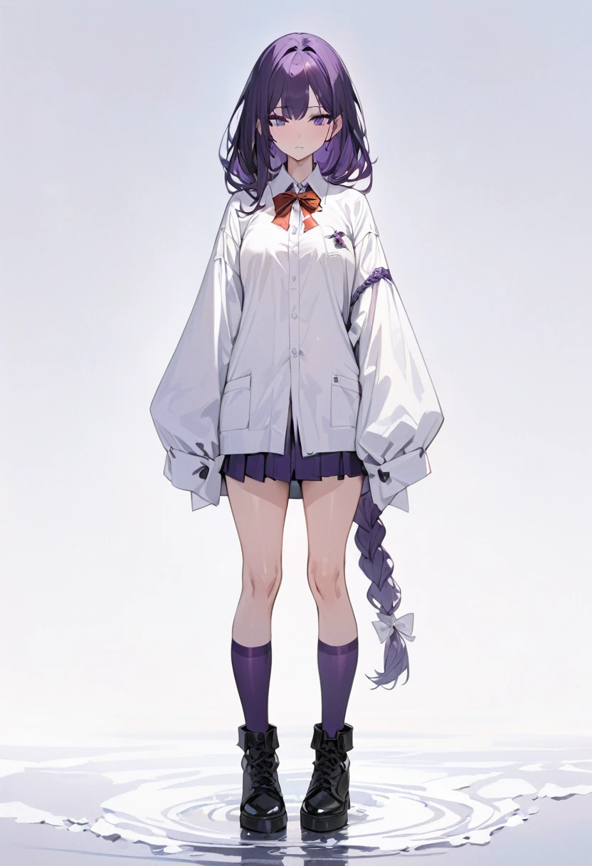 masterpiece, (bestquality), highlydetailed, cold, calm, gentle, expressionless, solo, (1girl), dark purple hair, very long single braid, bright purple eyes, (white collared shirt with white furisode sleeves), thin red bow tie under the collar, (diamond-shaped pin on the front of the bow), (black high-waisted pleated skirt), dark purple high socks, black ankle boots, medium breasts, (simple white background), (white empty background), full body, standing,