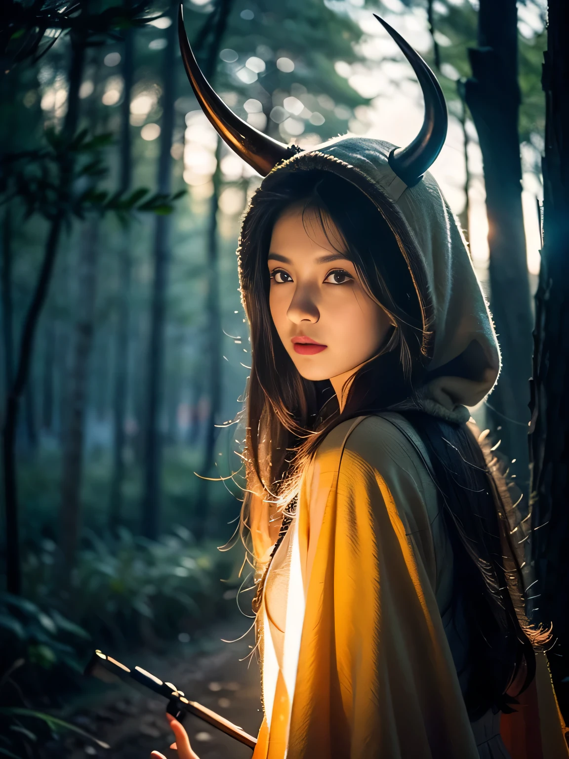"solitary". Cowboy shooting, (Gray gloomy background, Dark Forest. Melancholy and despair, Dark Dramatic Lighting, Vignette), Realistic eyes, Pretty Face, 1. Girl in perfect shape, Druid, There are large antlers on the head, (The horn is fully visible in the frame:1.5). Long and straight hair, Flowers, firefly, Tangled branches, (She wears a veil with a hood), ((Perfect anatomical structure)), full, Upper Body, Head-to-back shooting, (Glowing eyes), A black magic, Gothic, Burn orange gradient, magic, nature, magic splash, 3D vector graphics, Fantasy Art, Watercolor effect, bokeh, Hand Painted, number, Soft lighting, Isometric style, Retro aesthetics, 4K resolution, Use Cinema 4D, Nature Lighting, , masterpiece, Very detailed, Wheel within a wheel, Ultimate texture, Fear, Excellent, crawl, Scarimog'Refinement and tranquility. Emphasis on low-poly style, The overall appearance should be stylish and beautiful, This makes it suitable for branding and logos.