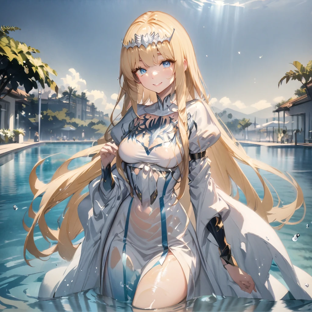 Top quality, masterpiece, watercolor painting, glowing water drops, double exposure, swimming in the pool, splashes, best smile, light reflections on the water surface, 1girl,solo, calca, blonde hair, ,( extremely long hair:1.3), very long hair, extra long hair, (white tiara:1.2), white dress, blue eyes,Calca Bessarez, medium breast, Calca