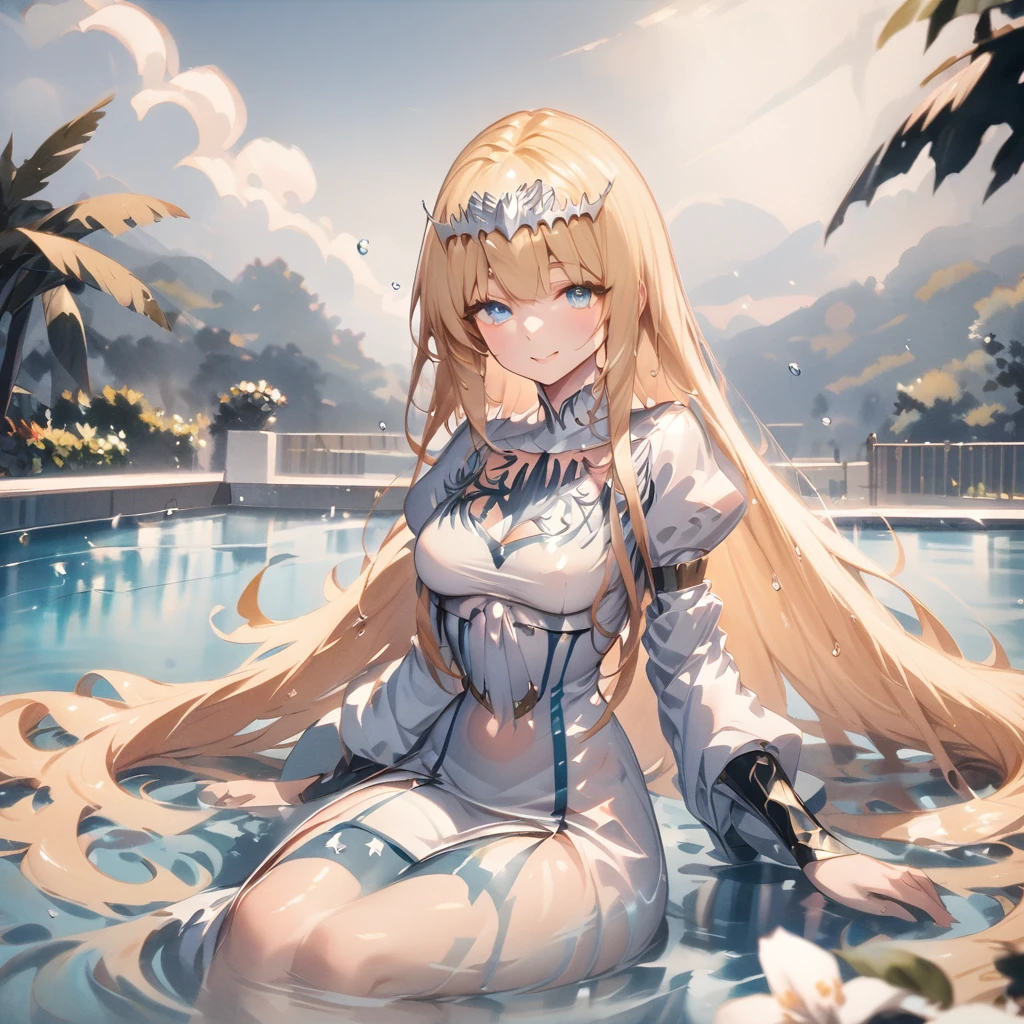 Top quality, masterpiece, watercolor painting,  glowing water drops, double exposure, swimming in the pool, splashes, best smile, light reflections on the water surface,  1girl,solo, calca, blonde hair, ,( extremely long hair:1.3), very long hair, extra long hair, (white tiara:1.2), white dress, blue eyes,Calca Bessarez, medium breast, Calca
