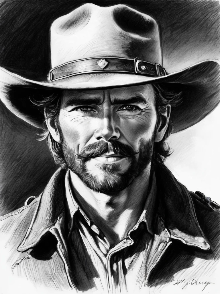 drawing of a man with a hat wearing a cowboy outfit, cowboy portrait, Portrait of a cowboy, portrait of a rugged ranger, professional sketch, artist sketch, cowboy portrait male, realistic sketch, portrait of a gunfighter from the old west, black and white portrait, pencil draw, scribble, coal