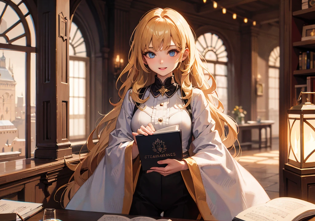 Realistic photos, Focus distance 10mm, A big smile, Curly blonde hair, Beautiful girl, Realistic photos, Focus distance 10mmで撮影, masterpiece, 最high quality, high quality, Very detailed CG 8k wallpaper unit, Award-winning photography, Bokeh, Depth of written boundary, High resolution, bloom, chromatic aberration, Realistic, Very detailed, Art Station Trends, CGsociety Trends, Complex, High detail, dramatic, Art on the go, volumetric lighting, Final Fantasy style beautiful girl、Blue Eyes、Golden Hair、Mystic Robe、Ancient book in hand、Castle in the sky in the background