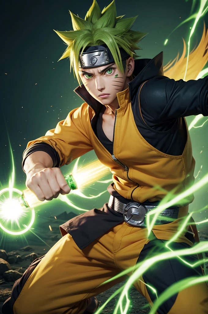 Naruto with green eyes and Jojo uses a kamehameha