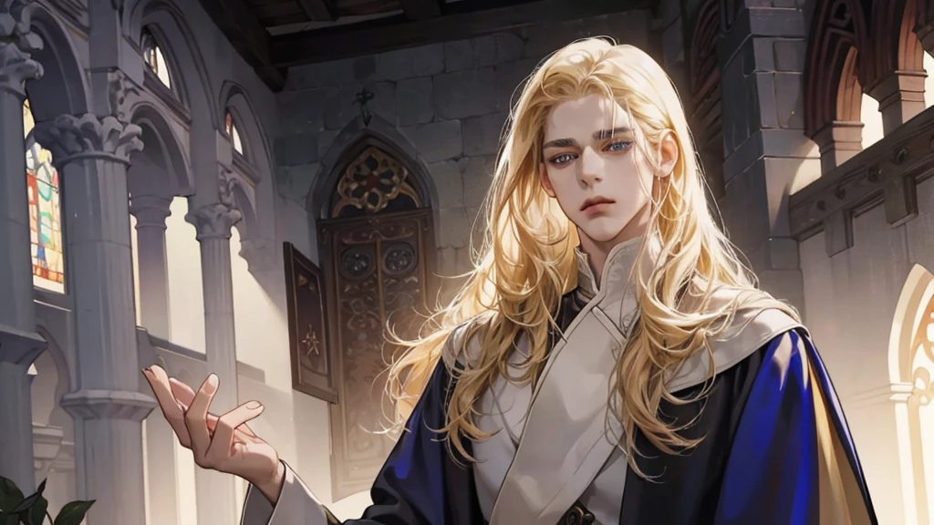 Middle Ages, (One, Unaccompanied), Castlevania Lord handsome, a thin man heads a monastery, beautiful robe, white fabric clothes, A cross hangs around my neck, priest, dynamic pose, super detailed face, long hair, blonde hair, Sharp facial features, adult, handsome man, heavenly eyes, beautiful hands, in a beautiful garden, Gothic church, deep light, detailed face, A thoughtful look , beautiful fingers