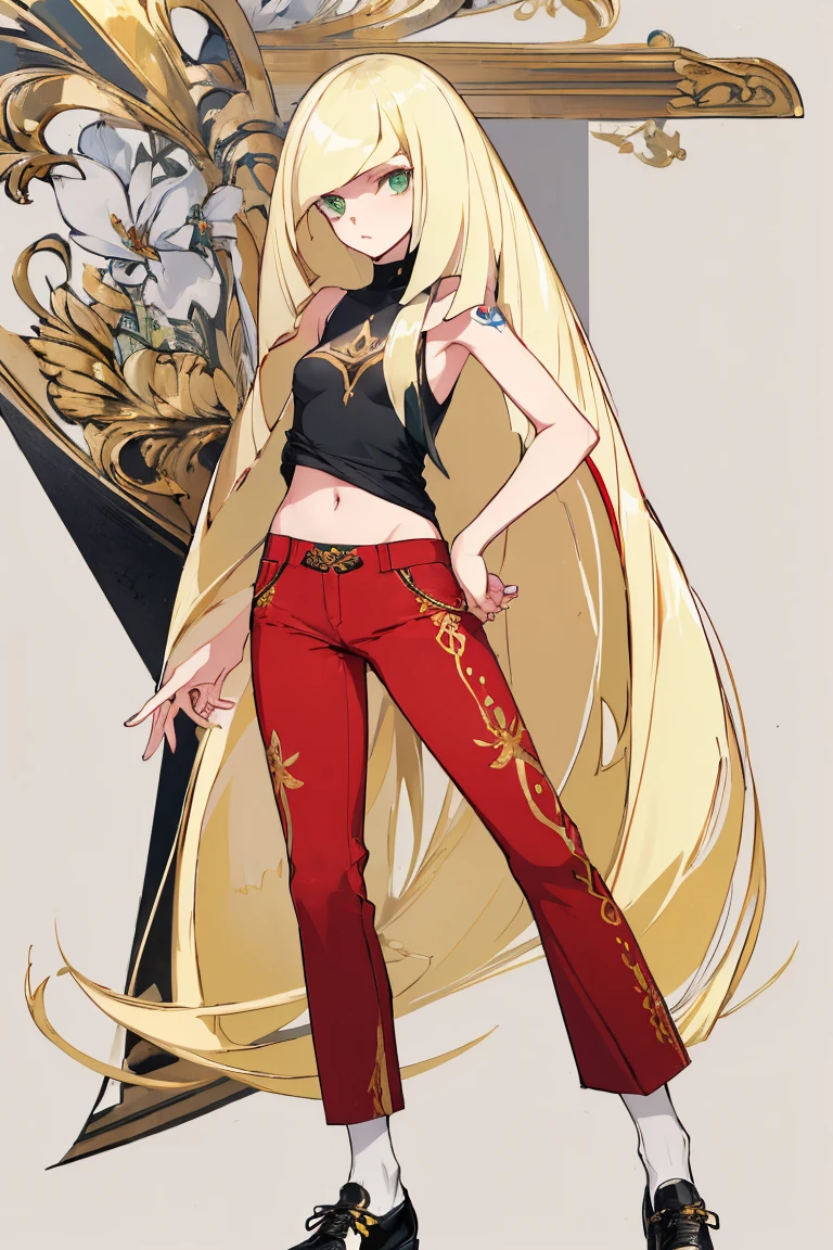 ((Highest quality)), ((masterpiece)), (Familiar), Lusamine,Tattoo,thin,Long blonde hair,Small breasts,Small breasts,Erect nipples,Adult female,Green Eyes,Slanted Eyes,White and black T-shirt,No sleeve,Gold embroidery,Black shoes,Fascinating,Red pants