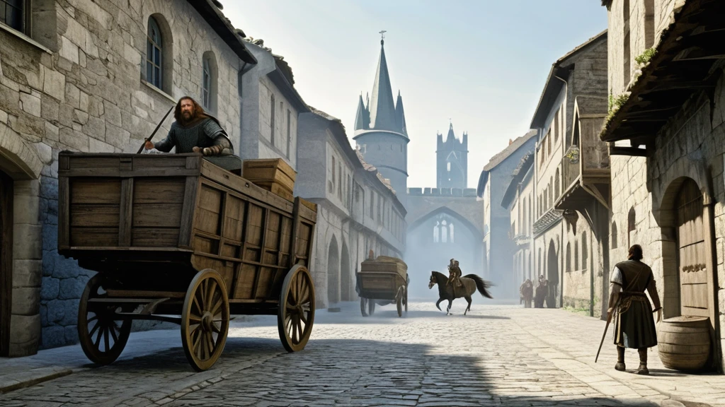 In the bustling medieval city, a boy with medium-length hair sprints through narrow cobblestone streets. His breath comes in ragged gasps as he dodges market stalls and skirts around horse-drawn carts. With a satchel bouncing against his hip, he glances nervously over his shoulder, fear etched in his features. Above him, the towering stone walls of the city seem to close in, echoing the distant shouts of pursuers