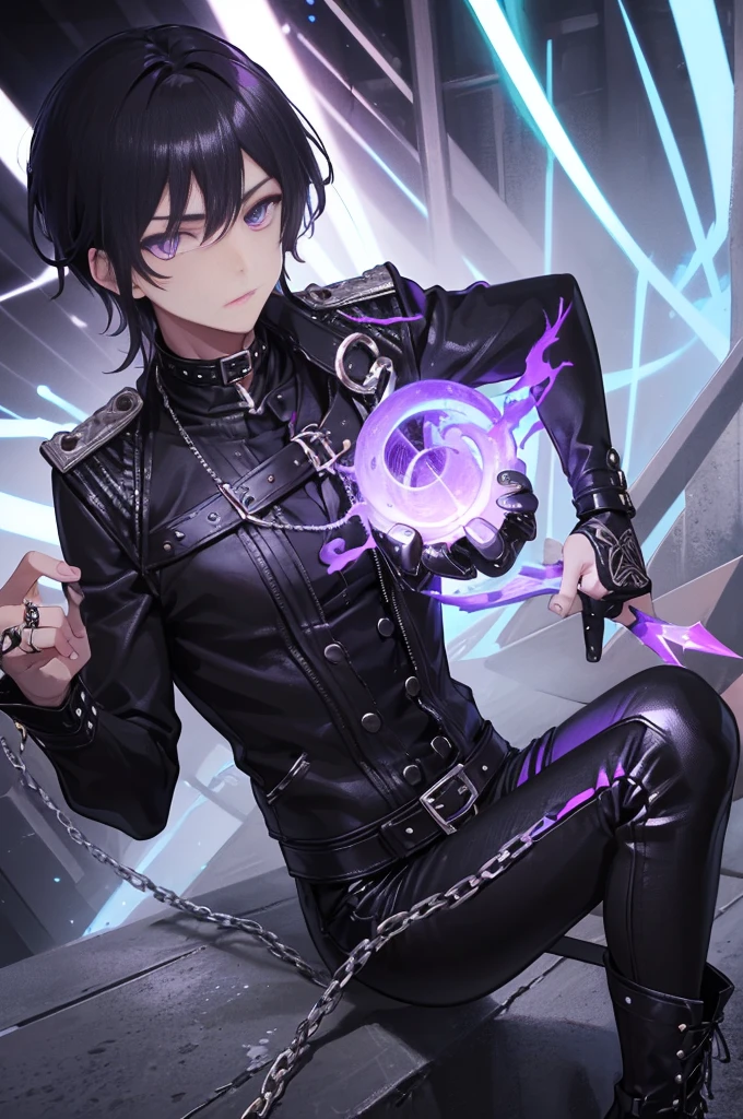 male BDSM-inspired character in the style of HoYoverse. He has short, sleek black hair with dark purple highlights and intense deep purple eyes. He wears a fitted black leather vest with intricate silver and dark purple embroidery, featuring multiple straps and buckles. Underneath, he has a tight, long-sleeved black shirt with mesh panels. His black leather pants have silver and purple detailing, including chains and buckles. He wears black combat boots with silver buckles and dark purple accents. Accessories include a black leather choker with a silver ring pendant, fingerless black leather gloves with silver studs and purple stitching, and a combination of silver and dark purple rings. He is equipped with a sleek black bullwhip with silver and purple accents, and a pair of sharp silver daggers with dark purple gemstones in the hilts. He has an ominous, ethereal aura with a dark, shadowy mist that flickers with purple light. His demeanor is dominant and enigm