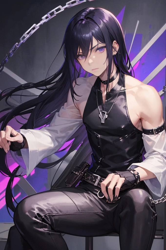 male BDSM-inspired character in the style of HoYoverse. He has short, sleek black hair with dark purple highlights and intense deep purple eyes. He wears a fitted black leather vest with intricate silver and dark purple embroidery, featuring multiple straps and buckles. Underneath, he has a tight, long-sleeved black shirt with mesh panels. His black leather pants have silver and purple detailing, including chains and buckles. He wears black combat boots with silver buckles and dark purple accents. Accessories include a black leather choker with a silver ring pendant, fingerless black leather gloves with silver studs and purple stitching, and a combination of silver and dark purple rings. He is equipped with a sleek black bullwhip with silver and purple accents, and a pair of sharp silver daggers with dark purple gemstones in the hilts. He has an ominous, ethereal aura with a dark, shadowy mist that flickers with purple light. His demeanor is dominant and enigm