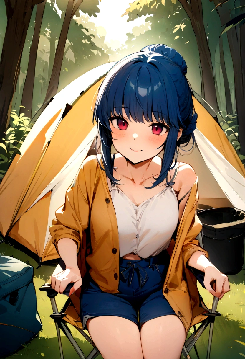 (masterpiece:1.4), (Highest quality:1.4), (High resolution:1.4), shima rin, View your viewers, smile, Camping Chair, tent, Outdoor, nature, summer,