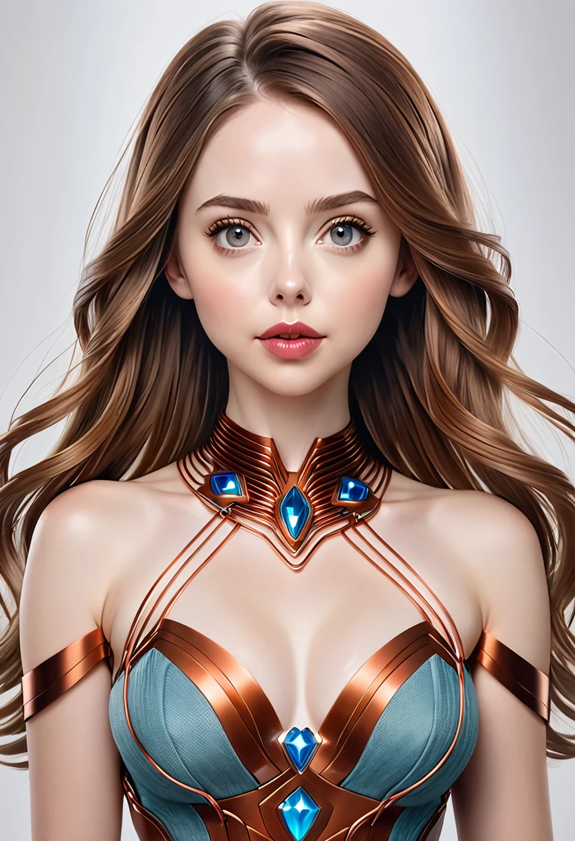 A beautiful women with copper wires for hair. Wearing a dress made of copper wires.This stunning beauty is a merge of Alison Brie, Scarlett Johansson, and Dove Cameron, with a symmetrical face rendered in photorealistic quality. The overall artwork is a masterpiece in 8K high resolution, top-quality,
