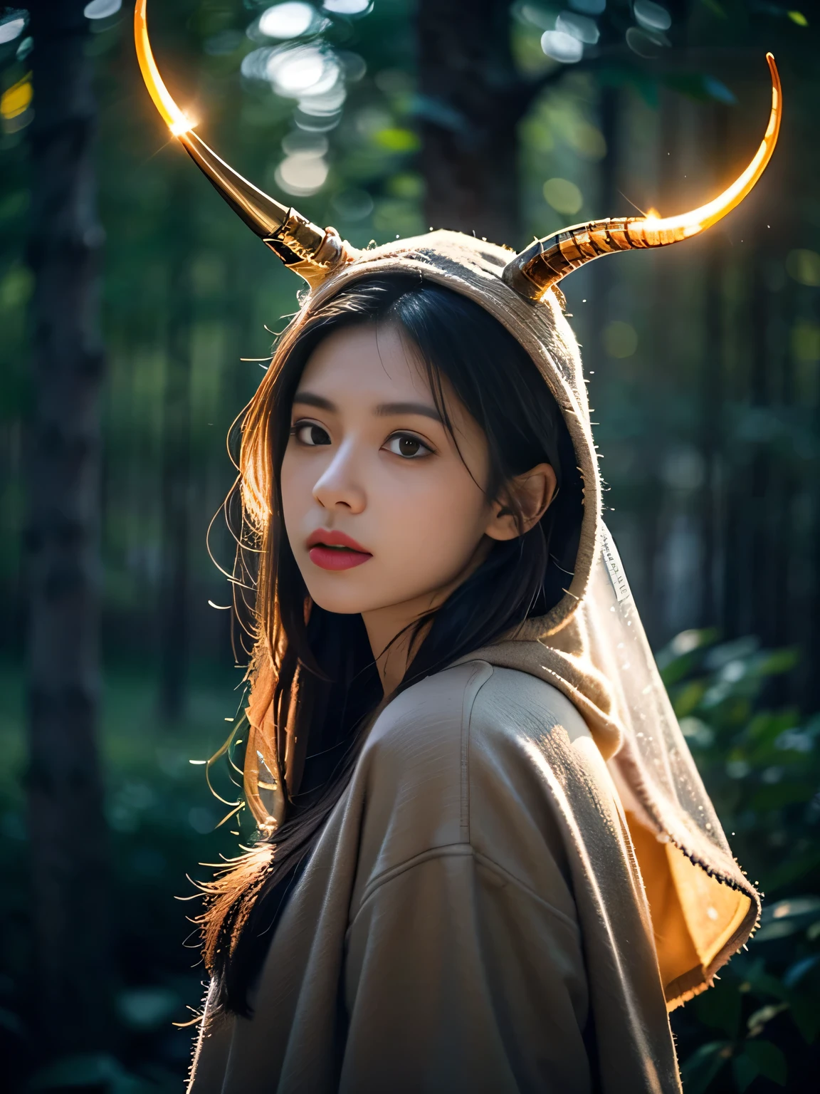 "solitary". Cowboy shooting, (Gray gloomy background, Dark Forest. Melancholy and despair, Dark Dramatic Lighting, Vignette), Realistic eyes, Pretty Face, 1. Girl in perfect shape, Druid, There are large antlers on the head, (The horn is fully visible in the frame:1.5). Long and straight hair, Flowers, firefly, Tangled branches, (She wears a veil with a hood), ((Perfect anatomical structure)), full, Upper Body, Head-to-back shooting, (Glowing eyes), A black magic, Gothic, Burn orange gradient, magic, nature, magic splash, 3D vector graphics, Fantasy Art, Watercolor effect, bokeh, Hand Painted, number, Soft lighting, Isometric style, Retro aesthetics, 4K resolution, Use Cinema 4D, Nature Lighting, , masterpiece, Very detailed, Wheel within a wheel, Ultimate texture, Fear, Excellent, crawl, Scarimog'Refinement and tranquility. Emphasis on low-poly style, The overall appearance should be stylish and beautiful, This makes it suitable for branding and logos.