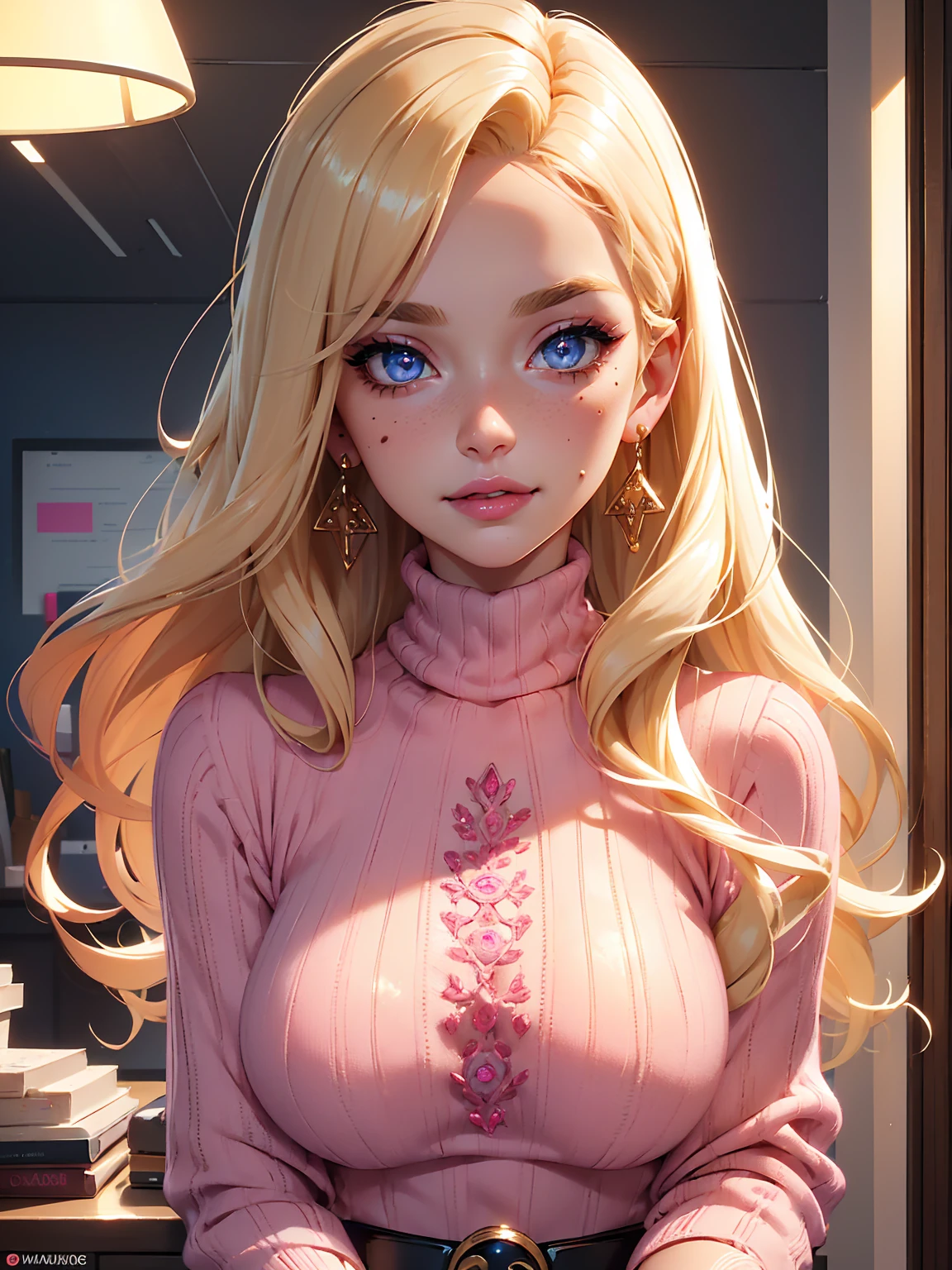 (((Blonde stunning hair))), (blue eyes), blue necklace, Golden earrings, Fit, Gorgeous Body, gorgeous, brown eyebrows, (two moles over lip), big pupils, (23 years old), 1girl,solo, complex skin, warm light, (large breasts), wide thighs, round butt, 5 fingers, ((blushing)), ((detailed face, best quality)), ((masterpiece)), ((ultra-detailed)), (beautiful detailed eyes), red lip, eyeshadow, beautiful face, long hair, very detailed eyes, intricate details in eyes, perfect lips, good lighting, ((pink turtleneck sweater wearing, garter belt wearing)), in pink office room, workplace background, evil smile, cleavage, from below, full body:1.3