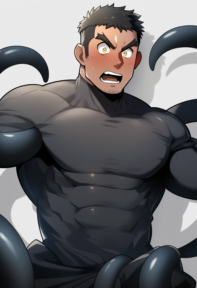 anime characters：Superhero in tights, negro black skin, He was entangled by a large number of thick black tentacles, Very stout, Lots of mucus, Wrap around the neck, Wrap around the waist, Tightly tied, Manliness, male focus, Yellow and black high collar long sleeve tight T-shirt, Slightly transparent material, Very tight, Round, full and perky chest muscles, Male dog waist, Slightly transparent, muscular male, muscular, only, Upper body, alone, Black short hair, Thick eyebrows, stubble, Yellow eyes, Grey background, simple background, amazing quality, best aesthetics, Ridiculous, bright pupils, crew cut, parted lips, blush, open mouth, scared, drop shadow, best quality