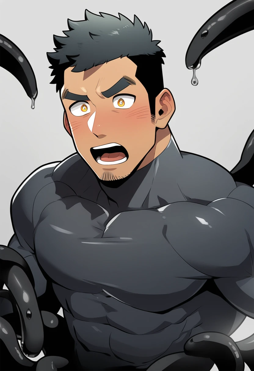 anime characters：Superhero in tights, negro black skin, He was entangled by a large number of thick black tentacles, Very stout, Lots of mucus, Wrap around the neck, Wrap around the waist, Tightly tied, Manliness, male focus, Yellow and black high collar long sleeve tight T-shirt, Slightly transparent material, Very tight, Round, full and perky chest muscles, Male dog waist, Slightly transparent, muscular male, muscular, only, Upper body, alone, Black short hair, Thick eyebrows, stubble, Yellow eyes, Grey background, simple background, amazing quality, best aesthetics, Ridiculous, bright pupils, crew cut, parted lips, blush, open mouth, scared, drop shadow, best quality