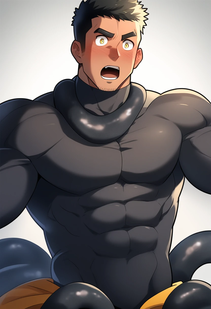 anime characters：Superhero in tights, negro black skin, He was entangled by a large number of thick black tentacles, Very stout, Lots of mucus, Wrap around the neck, Wrap around the waist, Tightly tied, Manliness, male focus, Yellow and black high collar long sleeve tight T-shirt, Slightly transparent material, Very tight, Round, full and perky chest muscles, Male dog waist, Slightly transparent, muscular male, muscular, only, Upper body, alone, Black short hair, Thick eyebrows, stubble, Yellow eyes, Grey background, simple background, amazing quality, best aesthetics, Ridiculous, bright pupils, crew cut, parted lips, blush, open mouth, scared, drop shadow, best quality