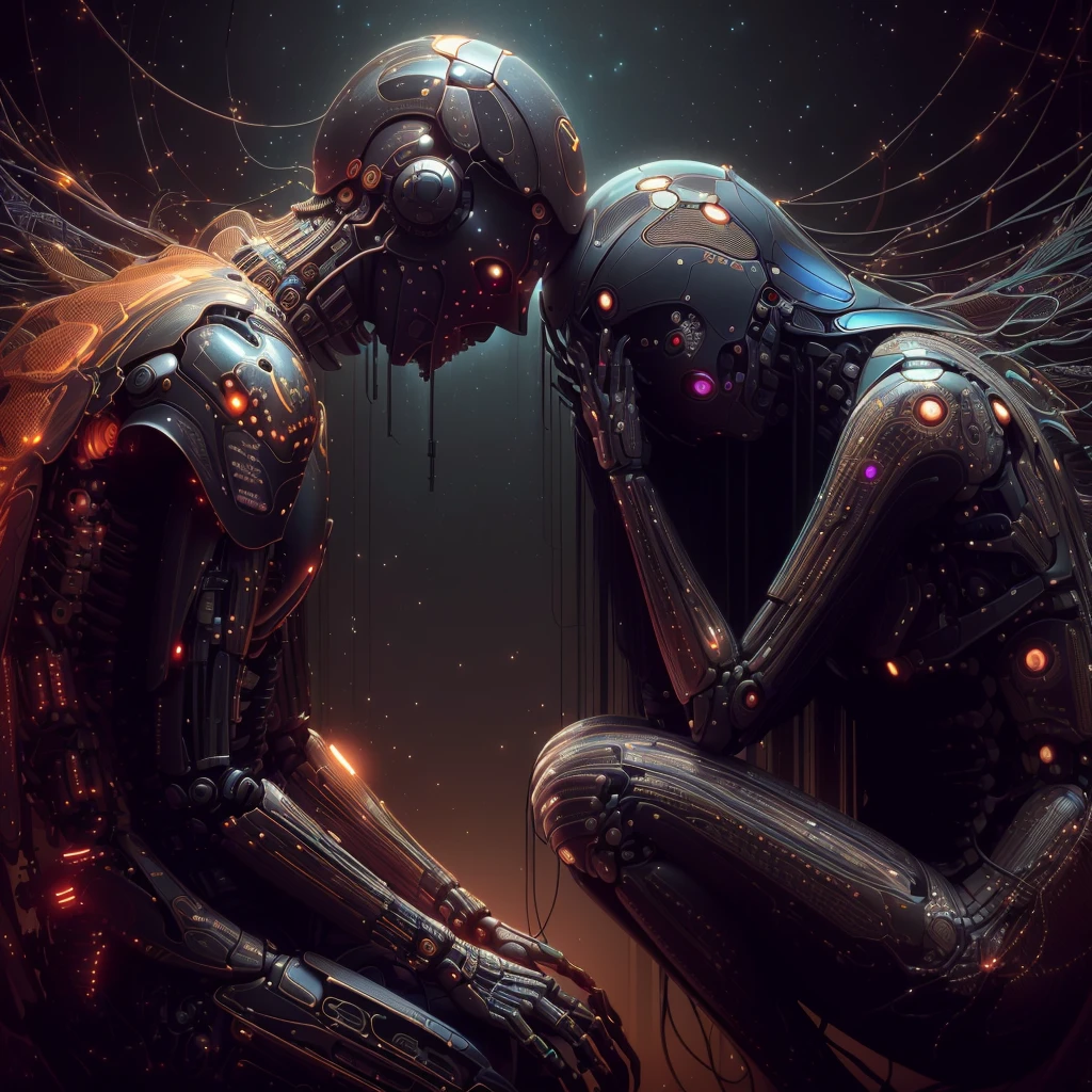 there are two people sitting together in the dark, complex cybernetic beings, arte conceitual emocional, por Beeple, interconnected human lifeforms, beetle and james jean, beetle and tim hildebrandt, beetle and mike winkelmann, consciousness projection, 真实感 | beetle, beetle art