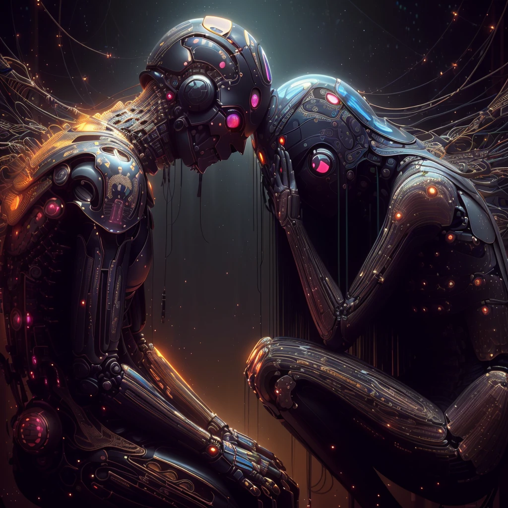 there are two people sitting together in the dark, complex cybernetic beings, arte conceitual emocional, por Beeple, interconnected human lifeforms, beetle and james jean, beetle and tim hildebrandt, beetle and mike winkelmann, consciousness projection, 真实感 | beetle, beetle art