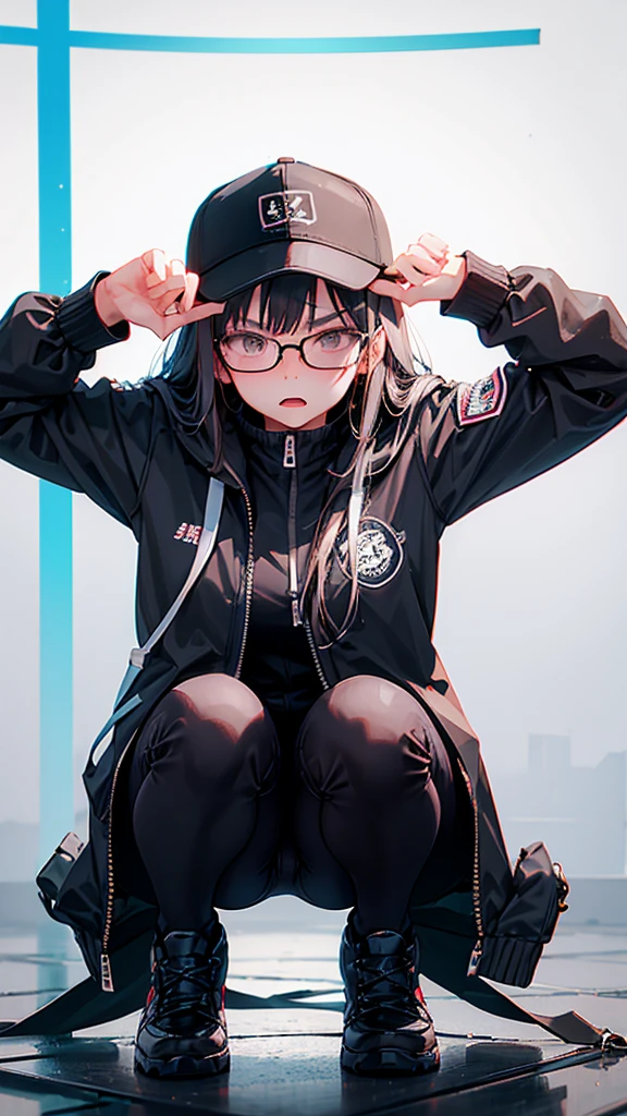(Highest quality:1.2)。One Woman。Glasses。Angry expression。(Wearing a black jacket)。(squat)。The background is a white。(the word "DELA" is written large on the jacket ) 