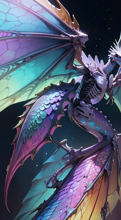 An iridescent-scales skeleton dragon with three pairs of wings