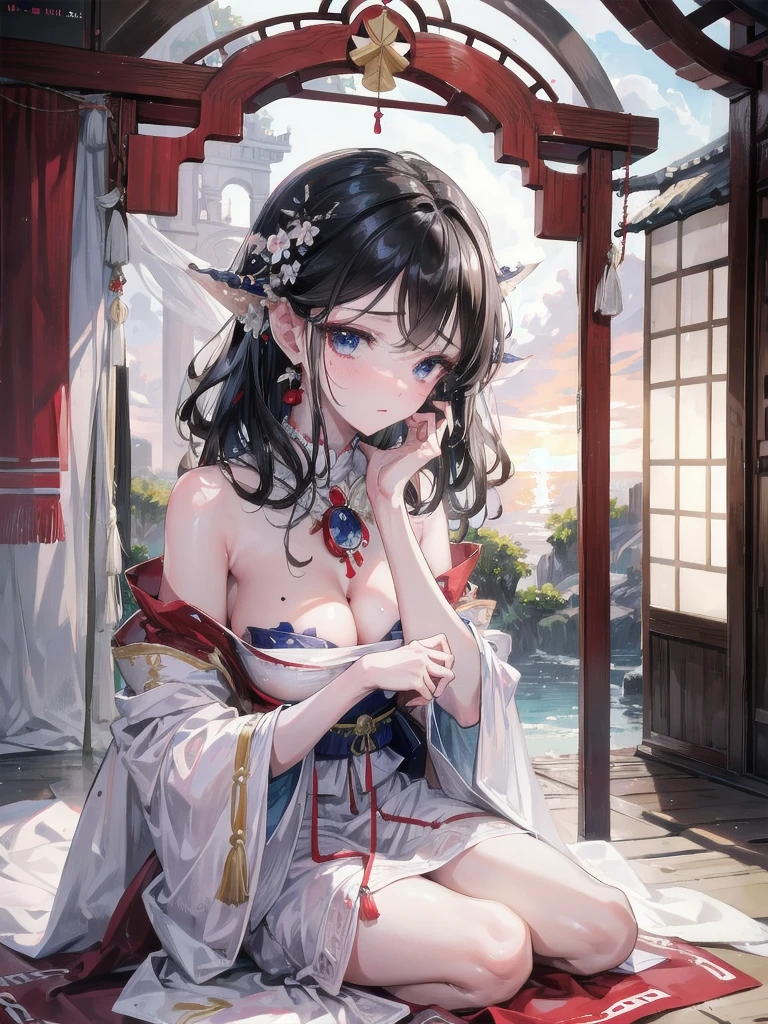 absurdres, RAW photo, extremely delicate and beautiful, masterpiece, Best Quality, ultra high resolution, 32k, hyperrealistic, ultra-detailed, delicate facial features, beautiful detailed woman, tearful mole, earring, medium breasts, full body shot, medium hair, black hair, wavy hair, (shrine maiden),
