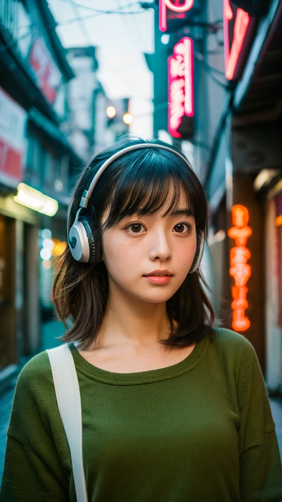 (One Girl),Japan at 25,Medium black hair with some green highlights、 I have a few freckleicro Bikini)),Standing full-body photo、White headphones with a complex shape,in the abandoned building、Night Photo、Great face and eyes, ((Highest quality)), (Super detailed), (Very detailed CG 統合 8k 壁紙), Very detailed, High-resolution RAW color photos, Professional photography,