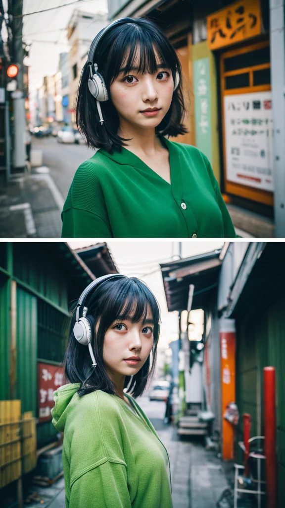 (One Girl),Japan at 25,Medium black hair with some green highlights、 I have a few freckleicro Bikini)),Standing full-body photo、White headphones with a complex shape,in the abandoned building、Night Photo、Great face and eyes, ((Highest quality)), (Super detailed), (Very detailed CG 統合 8k 壁紙), Very detailed, High-resolution RAW color photos, Professional photography,