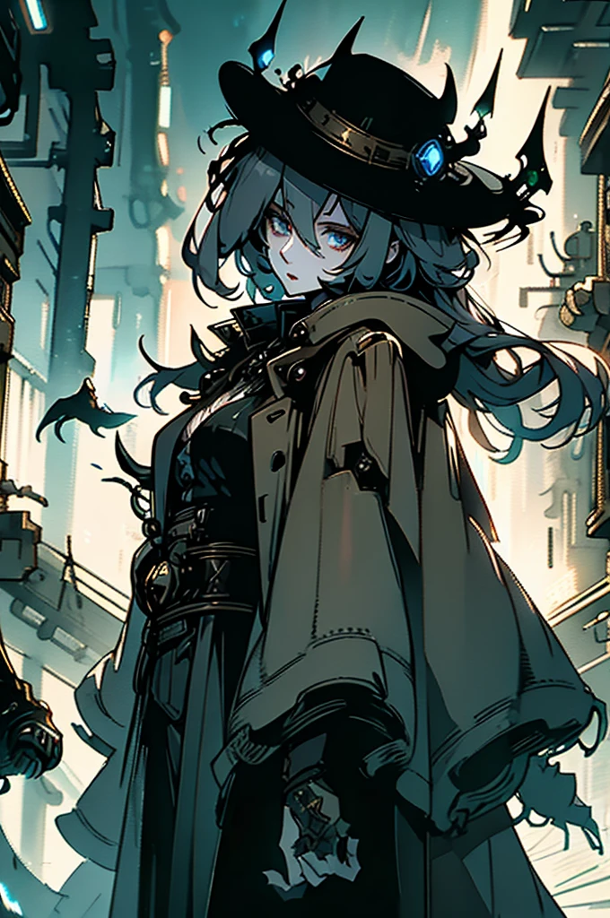 A sardonically aloof droid girl mechanic, clad in a patched-up trench coat and fedora, stands amidst a dimly lit alleyway. This watercolor painting captures the essence of a noir-inspired world, with muted tones and shadows adding to the mysterious atmosphere. The intricately detailed droid has a rusted exterior, but its glowing eyes hint at a hidden depth. Each brushstroke seems to bring the character to life, making this image a true masterpiece of the genre.