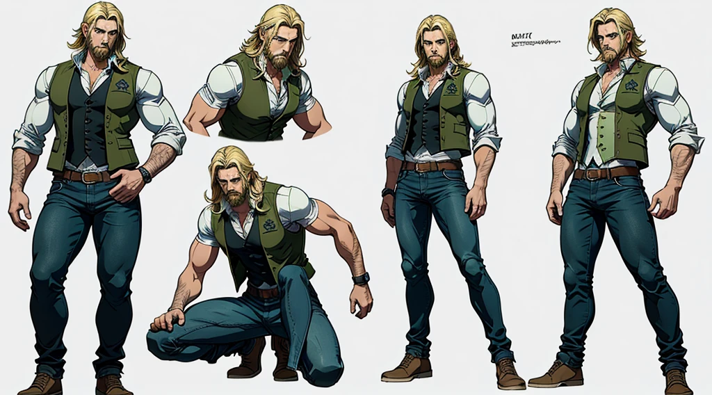 character ANIME man, FULL BODY, standing, STRONG, long blonde hair, ((design sketches)), (masterpiece), extremely detailed, (original design reserved), (random poses), LEADER, (unique accessories), (clothing, green vest, jeans), (bearded face) professionally retouched, white background, (male: 1.1) martial arts, parkour (cauça Jeans r: 0.8), (dirty: 1.1), (movement: 0.8), (young: 1.3), (sprint: 0.6) (silent hill concept) (resident evil concept)  