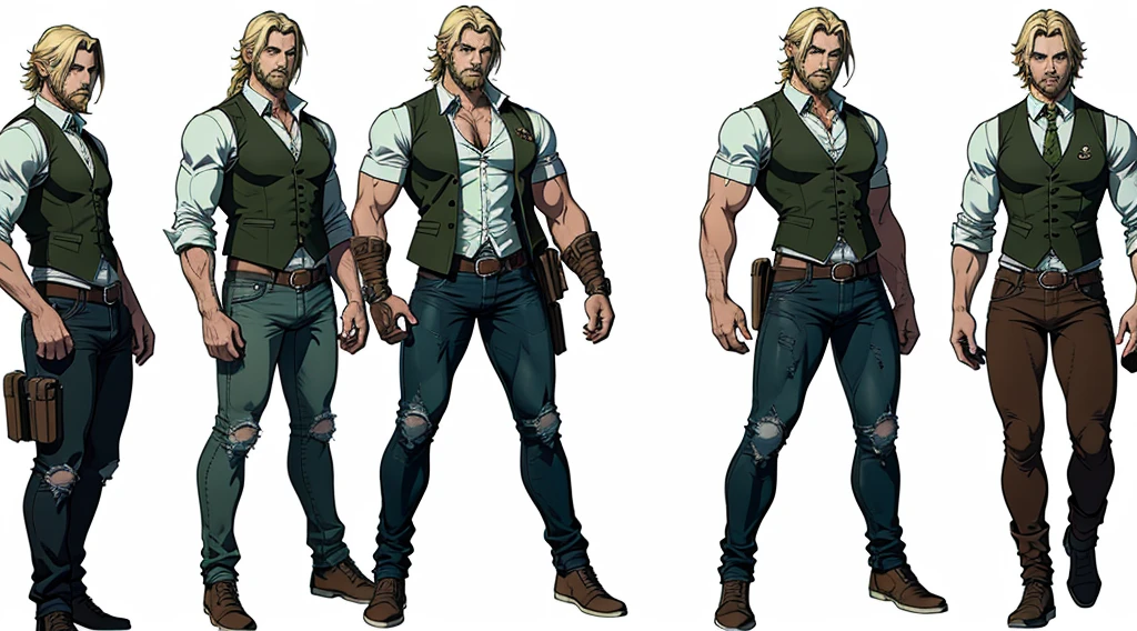 character ANIME man, FULL BODY, standing, STRONG, long blonde hair, ((design sketches)), (masterpiece), extremely detailed, (original design reserved), (random poses), LEADER, (unique accessories), (clothing, green vest, jeans), (bearded face) professionally retouched, white background, (male: 1.1) martial arts, parkour (cauça Jeans r: 0.8), (dirty: 1.1), (movement: 0.8), (young: 1.3), (sprint: 0.6) (silent hill concept) (resident evil concept)  