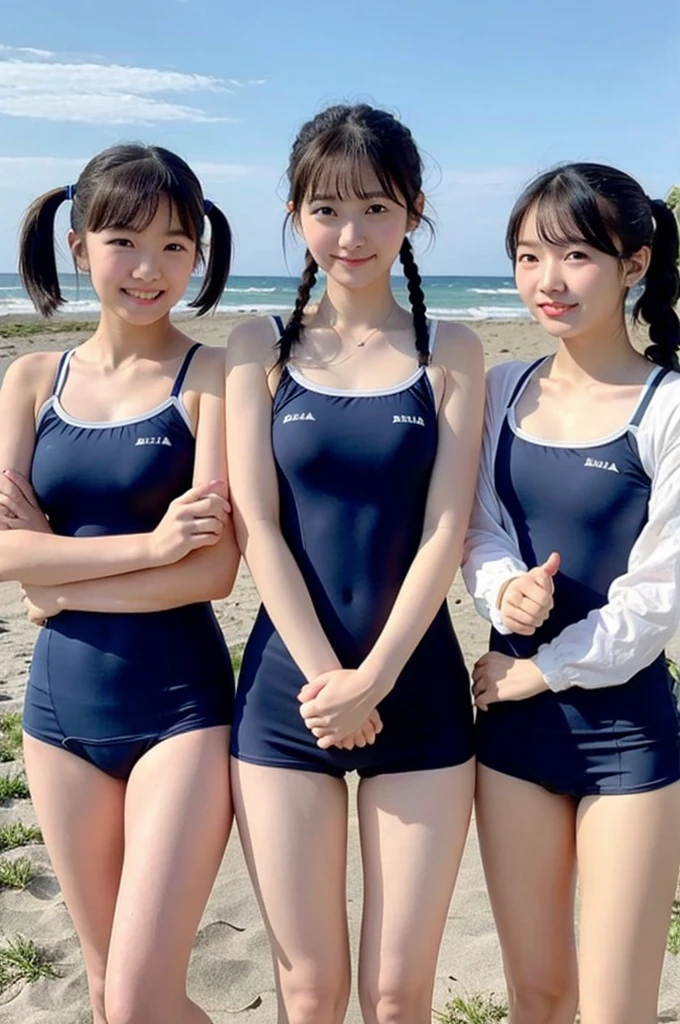 3 girls standing in rural school beach,navy blue school swimsuit with white trim,18-year-old,bangs,a little smile,thighs,knees,black short hair with low pigtails bunches,from below,front light