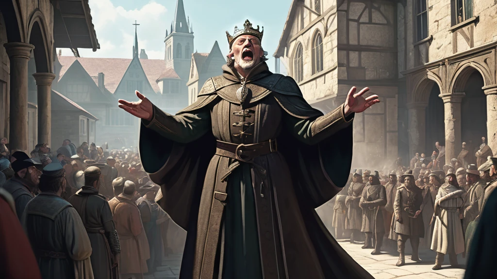 Amidst the clamor of the marketplace, a town crier's voice rises above the din. Clad in weathered leather and a worn cloak, he stands on a wooden crate, clearing his throat for attention. With a flourish, he unfurls a parchment and begins to read aloud, his words echoing off the ancient stone buildings. The crowd gathers, curiosity piqued, as he announces news of impending taxes, a royal decree, or perhaps a proclamation of war. The atmosphere crackles with anticipation and apprehension, every ear straining to catch every word as the fate of the city hangs in the balance.