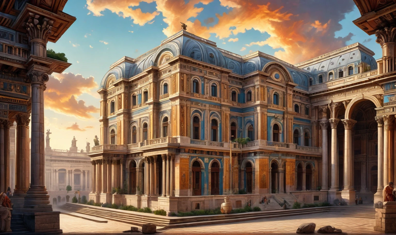 in style of Maximalism , a building，Symmetrical，beautiful details，Ancient Roman architecture