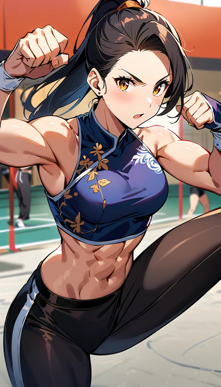 Boxing Match between muscular woman and doing a very high kick, six pack, Pakistani girl, girls in background , Chinese dress crop top, and leggings ,portrait, empty dojo background