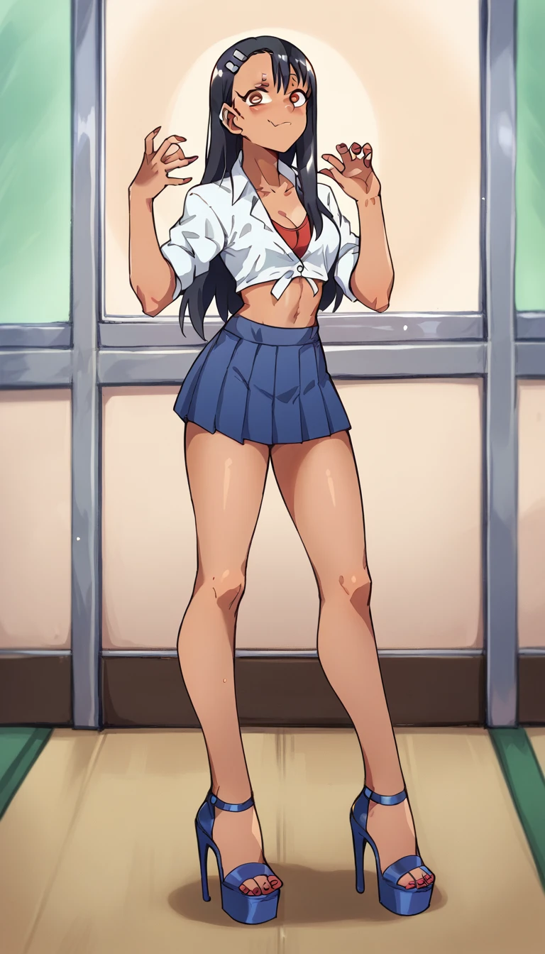 Hayase Nagatoro, dark-skinned, unbuttoned crop-top, braless, blue pleated skirt, clear open-toe platform high heels, red nails, nsfw