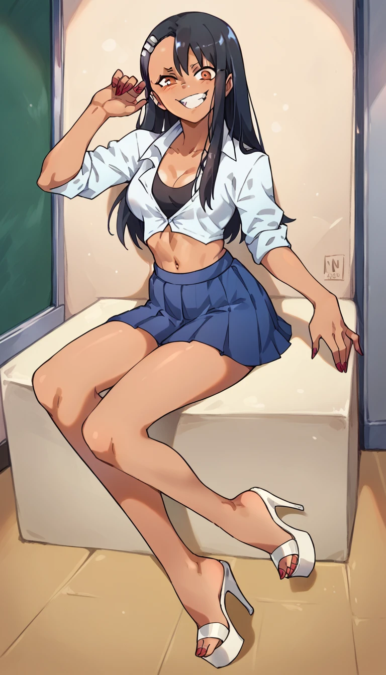 Hayase Nagatoro, dark-skinned, unbuttoned crop-top, braless, blue pleated skirt, clear open-toe platform high heels, red nails, nsfw