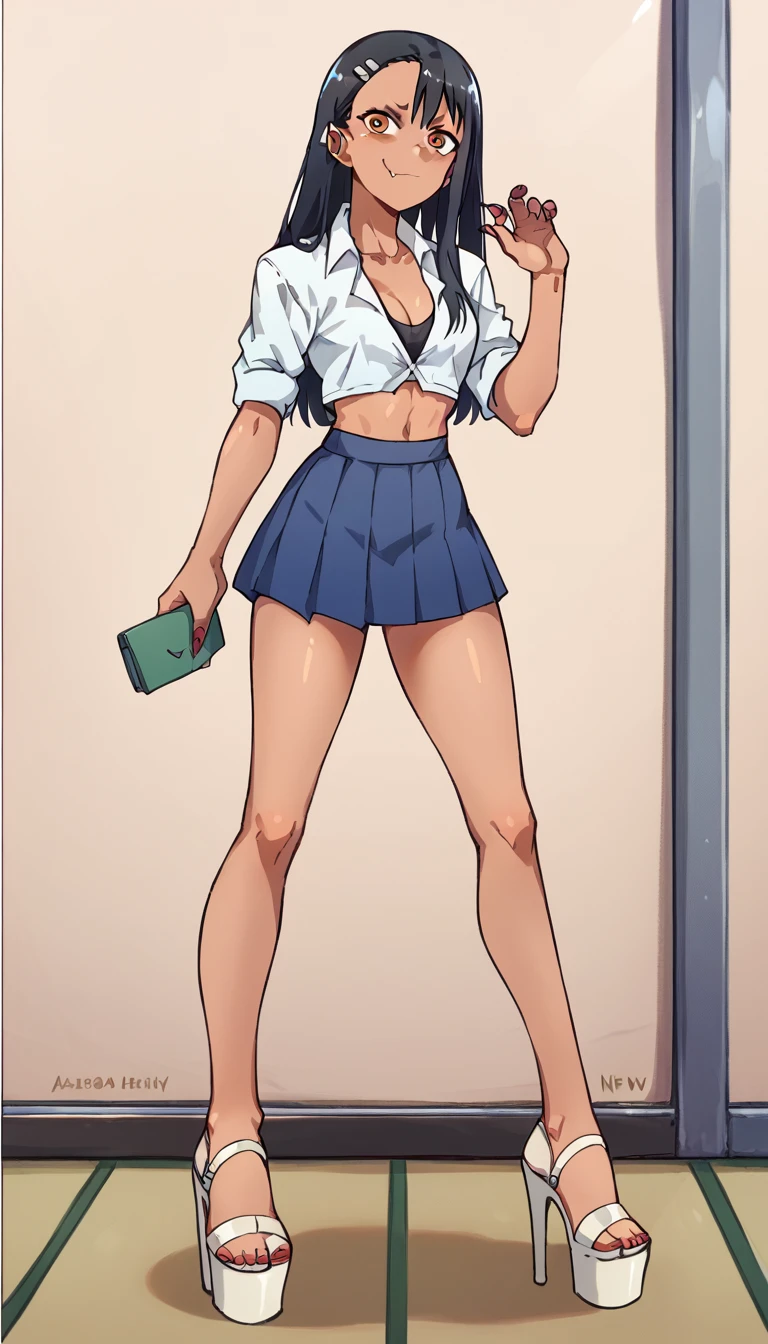 Hayase Nagatoro, dark-skinned, unbuttoned crop-top, braless, blue pleated skirt, clear open-toe platform high heels, red nails, nsfw