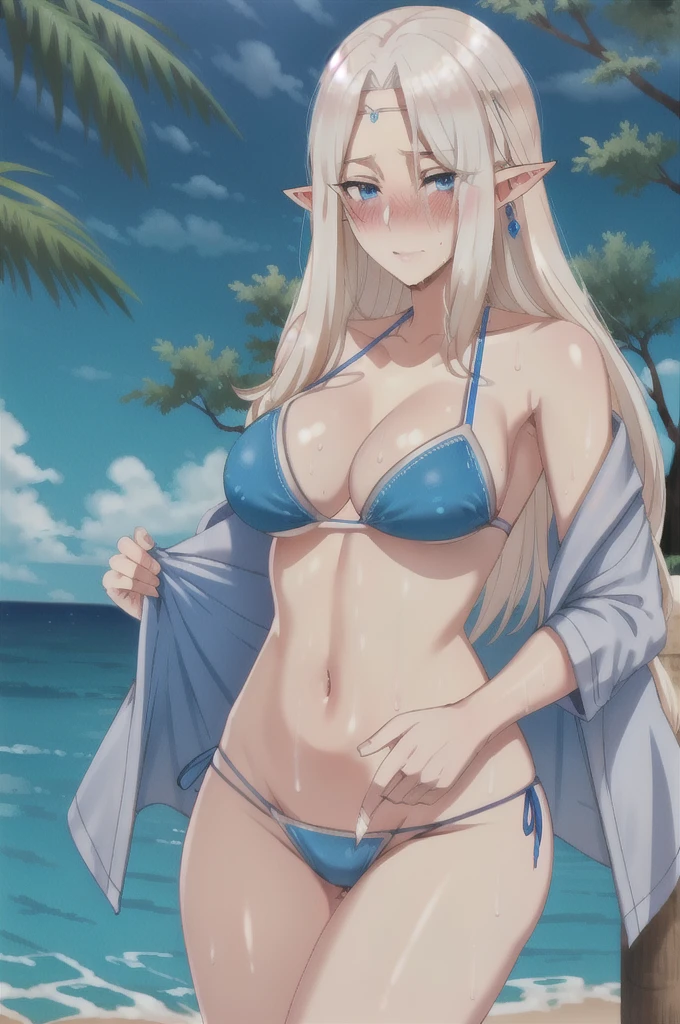 platinum hair,,long hair,blue eyes,pointy ears,elf,tall,((bikini)),(((blush,sensual,tempting))),blush,wet,sweat,on the be
