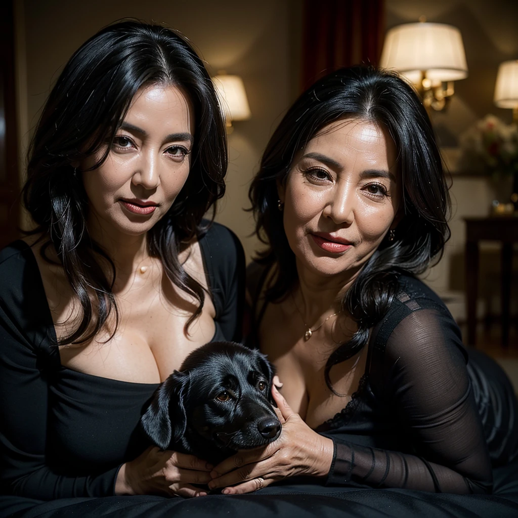 (masterpiece:1.4), (((portrait of mature woman and her big black dog : 1.3))), (60-year-old woman:1.5), (Facial wrinkles : 1.2), Nasolabial folds, (looking at viewer : 1), (smirking : 1.3), pores, dull skin, skin blemishes, (long beautiful hair), large saggy breasts, plump body, (elegant lady), (classy formal dress), detailed backgrounds, (Old Western-style building), (dim atmosphere), gloomy, dark lighting