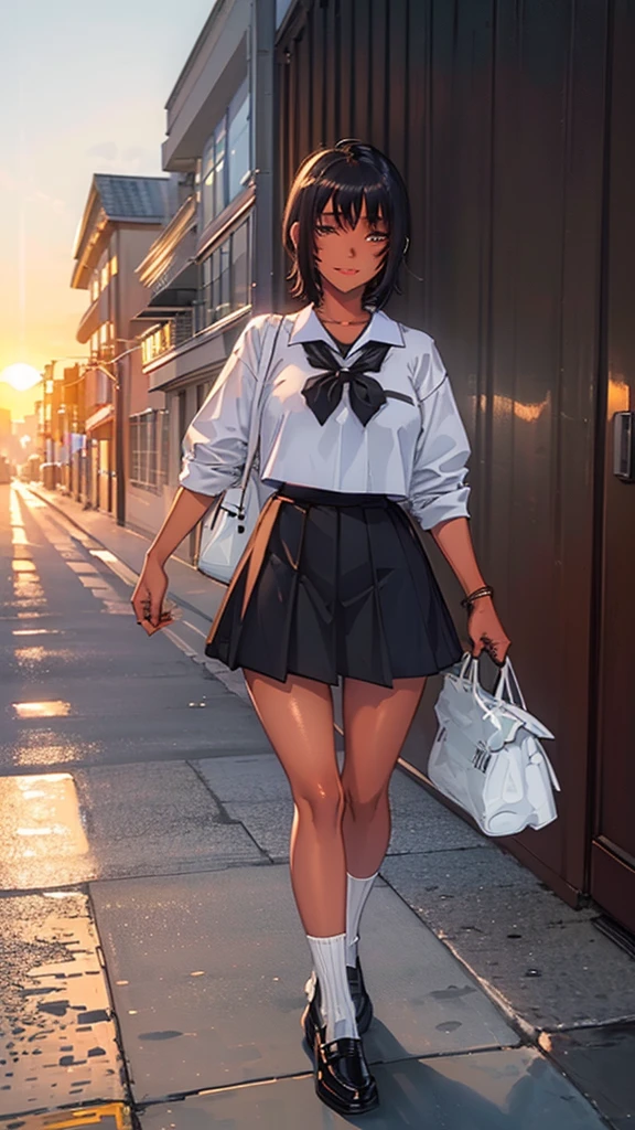 masterpiece, best quality, 1girl, ((( girl))), ((dark-skinned female)), smile, looking at viewer, detailed eyes, ((short hair)), (((black hair))), blue eyes, ((black and white school uniform)), ((happy)), ((walking)), cute, ((streets)), ((bag)), ((vivid colors)), beautiful detailed sunlight, sunset, detailed background, highest quality, focused, ultra detailed, absurdres, (HDR:1.5)