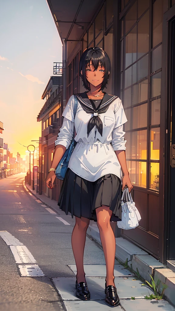 masterpiece, best quality, 1girl, ((())), ((dark-skinned female)), smile, looking at viewer, detailed eyes, ((short hair)), (((black hair))), blue eyes, ((black and white school uniform)), ((happy)), ((walking)), cute, ((streets)), ((bag)), ((vivid colors)), beautiful detailed sunlight, sunset, detailed background, highest quality, focused, ultra detailed, absurdres, (HDR:1.5)