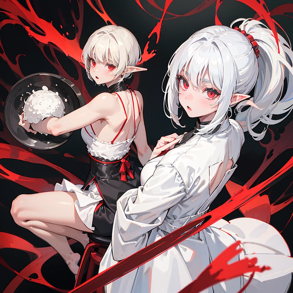 yung Elf, light grey skin, White short hair, red eyes, dark clothes, black face patterns