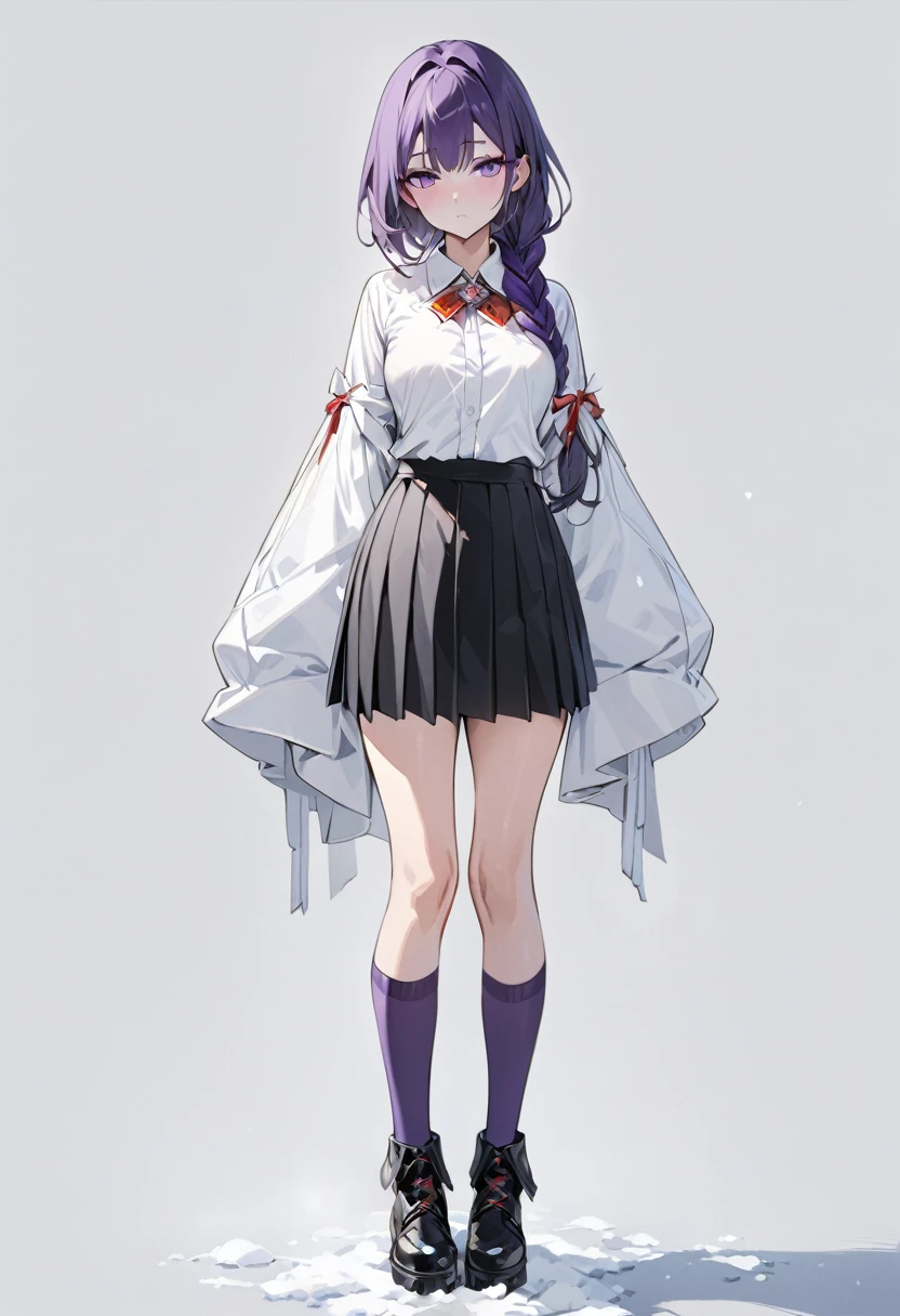 masterpiece, (bestquality), highlydetailed, cold, calm, gentle, expressionless, solo, (1girl), dark purple hair, very long single braid, bright purple eyes, (white collared shirt with white furisode sleeves), thin red bow tie under the collar, (diamond-shaped pin on the front of the bow), (black high-waisted pleated skirt), dark purple high socks, black ankle boots, medium breasts, (simple white background), (white empty background), full body, standing,