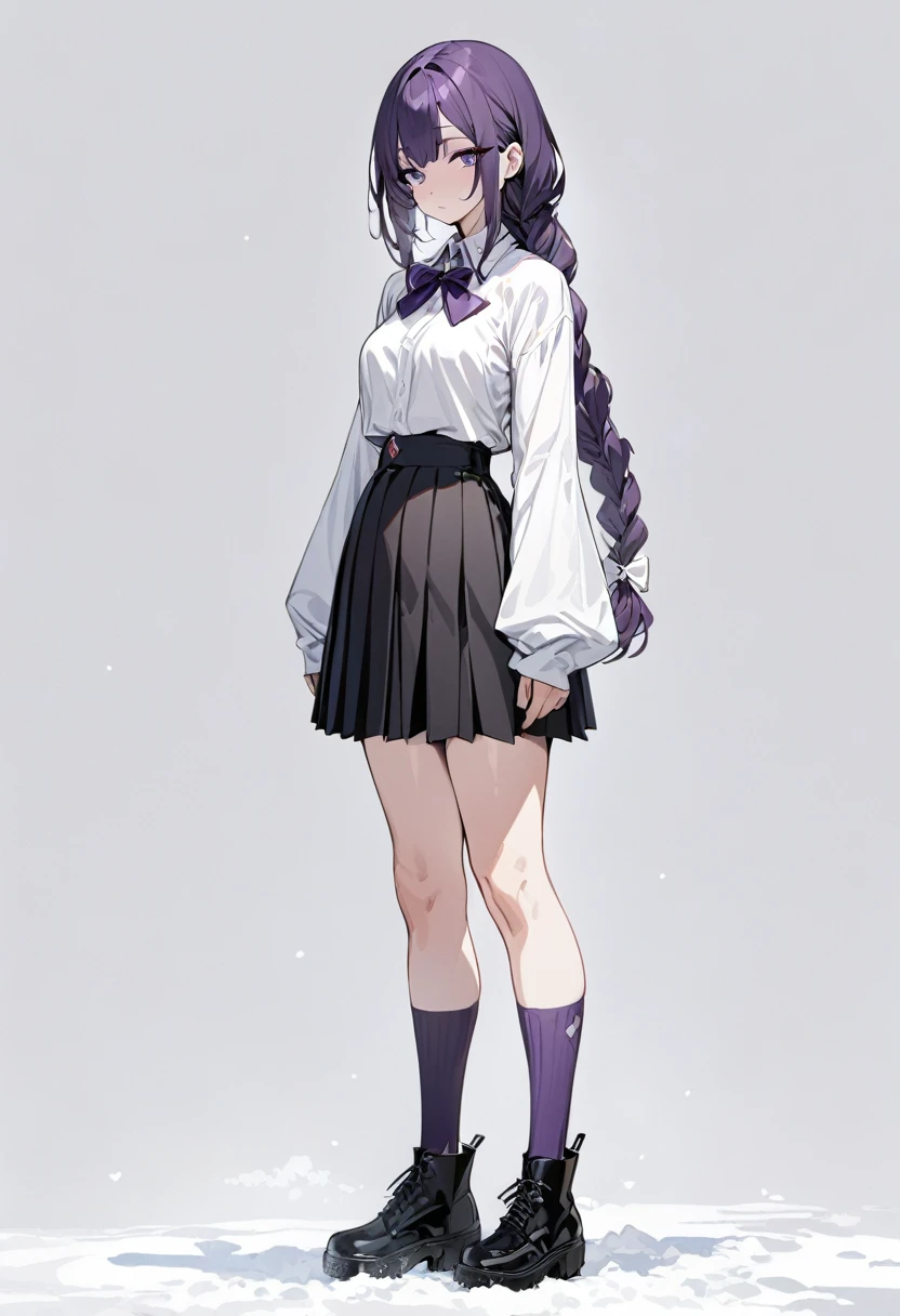 masterpiece, (bestquality), highlydetailed, cold, calm, gentle, expressionless, solo, (1girl), dark purple hair, very long single braid, bright purple eyes, (white collared shirt with white furisode sleeves), thin red bow tie under the collar, (diamond-shaped pin on the front of the bow), (black high-waisted pleated skirt), dark purple high socks, black ankle boots, medium breasts, (simple white background), (white empty background), full body, standing,