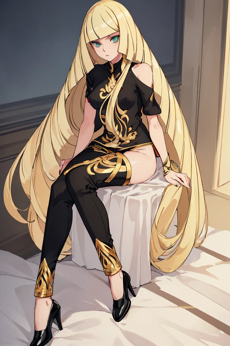 ((Highest quality)), ((masterpiece)), (Familiar), Lusamine,Tattoo,thin,Long blonde hair,Small breasts,Small breasts,Erect nipples,Adult female,Green Eyes,Slanted Eyes,White and black T-shirt,No sleeve,Gold embroidery,Black shoes,Fascinating,Red pants