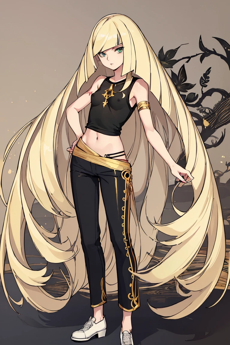 ((Highest quality)), ((masterpiece)), (Familiar), Lusamine,Tattoo,thin,Long blonde hair,Small breasts,Small breasts,Erect nipples,Adult female,Green Eyes,Slanted Eyes,White and black T-shirt,No sleeve,Gold embroidery,Black shoes,Fascinating,Red pants