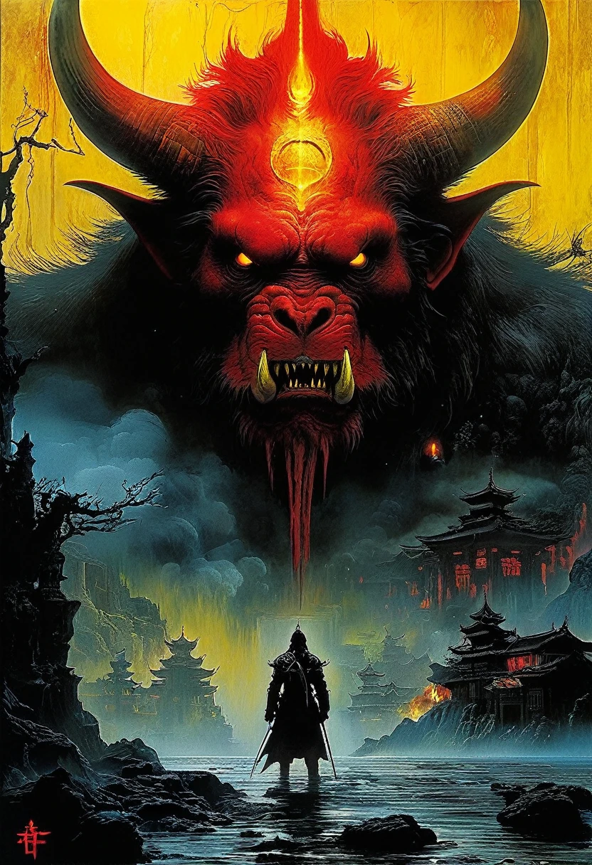 Beautiful cinematic impressionistic painting, Dark eerie horror, something out of this world monster with a red and yellow hellish look in the style of James Jean. Mark Powell. Patrizia Piccinini. Joshua Hoffin. Dariusz Zawadsky. Tetsuya Ishida. Wayne Barlow. Zdzislaw Beksinski. Junji Ito. Ken Curry. Heinrich Fusli. Jeff Christensen.